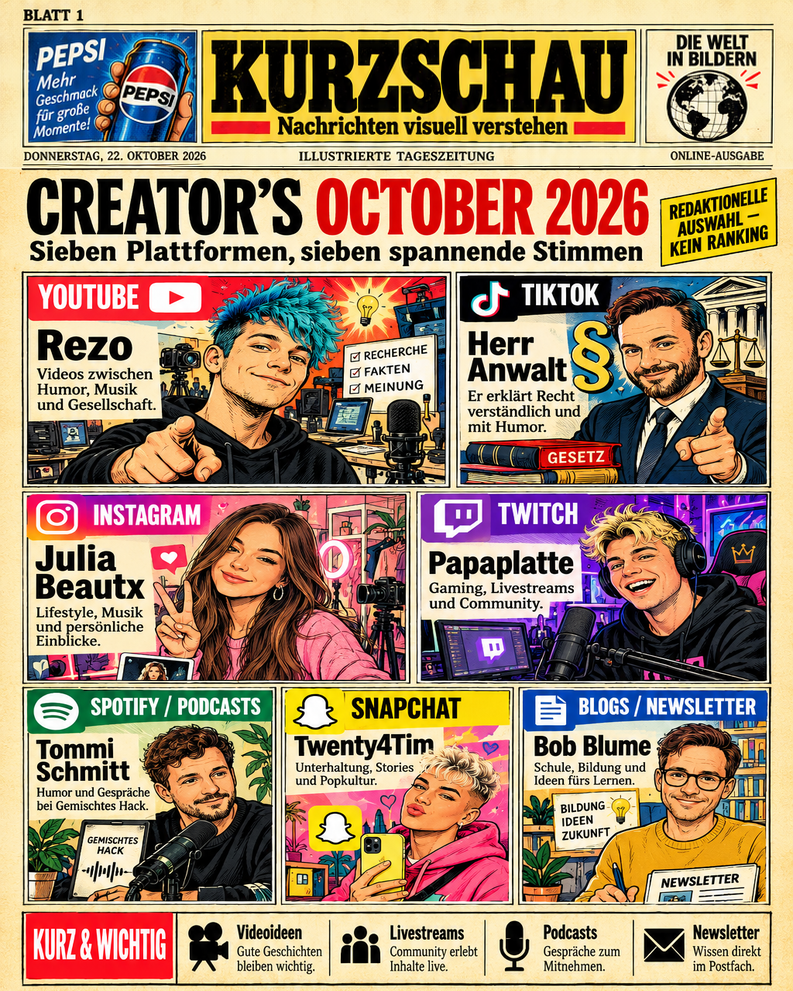 KURZSCHAU Vintage-Comic-Zeitungsseite Creator’s October 2026: YouTube Rezo – Videos über Humor, Musik und Gesellschaft; TikTok Herr Anwalt – Recht verständlich und mit Humor; Instagram Julia Beautx – Lifestyle, Musik und persönliche Einblicke; Twitch Papaplatte – Gaming und Livestreams; Spotify/Podcasts Tommi Schmitt – Gemischtes Hack; Snapchat Twenty4Tim – Unterhaltung und Stories; Blogs/Newsletter Bob Blume – Schule und Bildung. Oben der unveränderte Original-Zeitungskopf von Blatt 1 inklusive Original-Datumszeile. Unten Kurz und Wichtig mit Videoideen, Livestreams, Podcasts und Newsletter. Redaktionelle Auswahl, keine Rangliste.