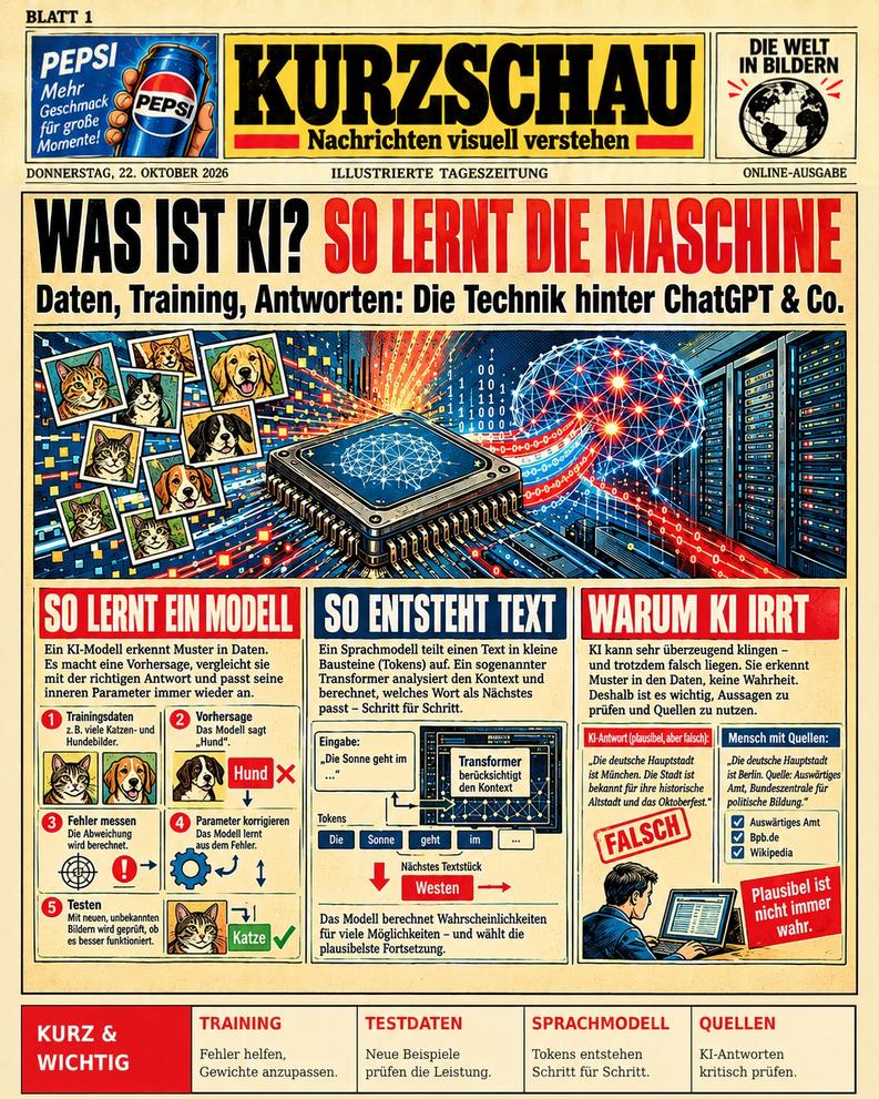 KURZSCHAU – Was ist KI? So lernt die Maschine. Drei Comic-Infografiken zeigen gezeichnete Katzen und Hunde bei der Bilderkennung: beschriftete Trainingsdaten, eine falsche Hund-Vorhersage, Fehler messen, Parameter korrigieren und mit neuen Bildern testen. Ein zweiter Kasten erklärt, wie ein Sprachmodell Sätze in Tokens zerlegt, Transformer den Kontext verarbeiten und mögliche Textstücke wie Westen schrittweise erzeugen. Der dritte Kasten zeigt eine plausible, aber falsche KI-Antwort zur deutschen Hauptstadt und warum Quellenprüfung nötig ist. Unten folgen vier Kurzfakten zu Training, Testdaten, Sprachmodellen und Quellen.