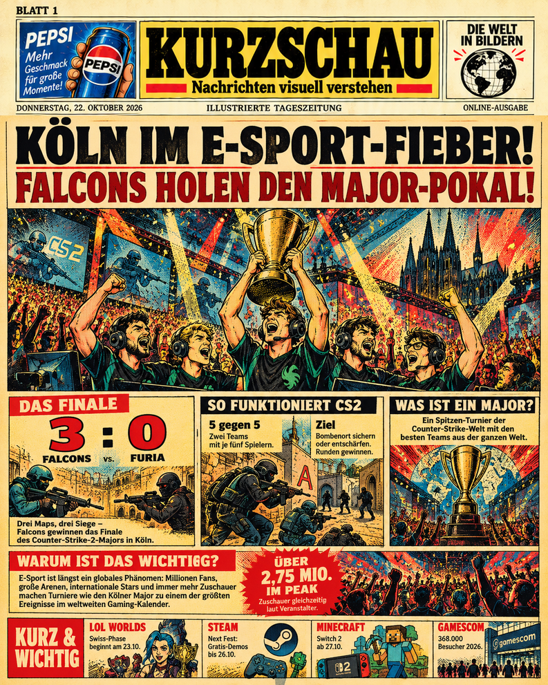 Original KURZSCHAU-Zeitungskopf und illustrierte Gaming-Comicreportage. IEM Köln-Major vom 21. Juni 2026: Team Falcons besiegt FURIA 3:0. Panels erklären Counter-Strike 2 mit fünf gegen fünf Spielern und das Major-Turnier. Laut ESL und Esports Charts mehr als 2,75 Millionen gleichzeitige Zuschauer in der Spitze. Kurz und Wichtig: League of Legends Worlds, Steam Next Fest, Minecraft für Switch 2 und gamescom.