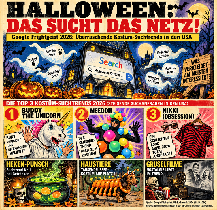 Illustrierte Halloween-Suchtrends der USA 2026 laut Google Frightgeist: Kostüm-Suchtrends Buddy the Unicorn auf Rang 1, NeeDoh auf Rang 2, Nikki aus Obsession auf Rang 3; außerdem Hexen-Punsch, Haustier-Tausendfüßer-Kostüme und Nostalgie-Horrorfilme.