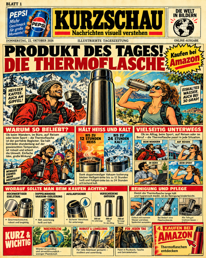 Originaler KURZSCHAU-Zeitungskopf, darunter illustrierte Thermoflaschen-Reportage mit Tipps zu doppelwandiger Vakuumisolierung, Einsatz beim Wandern, im Büro und beim Sport. 12 Stunden heiß und 24 Stunden kalt sind mögliche Herstellerangaben und keine universelle Leistung. Unten: Kurz und Wichtig mit einem anklickbaren Amazon-Kasten für Thermoflaschen.