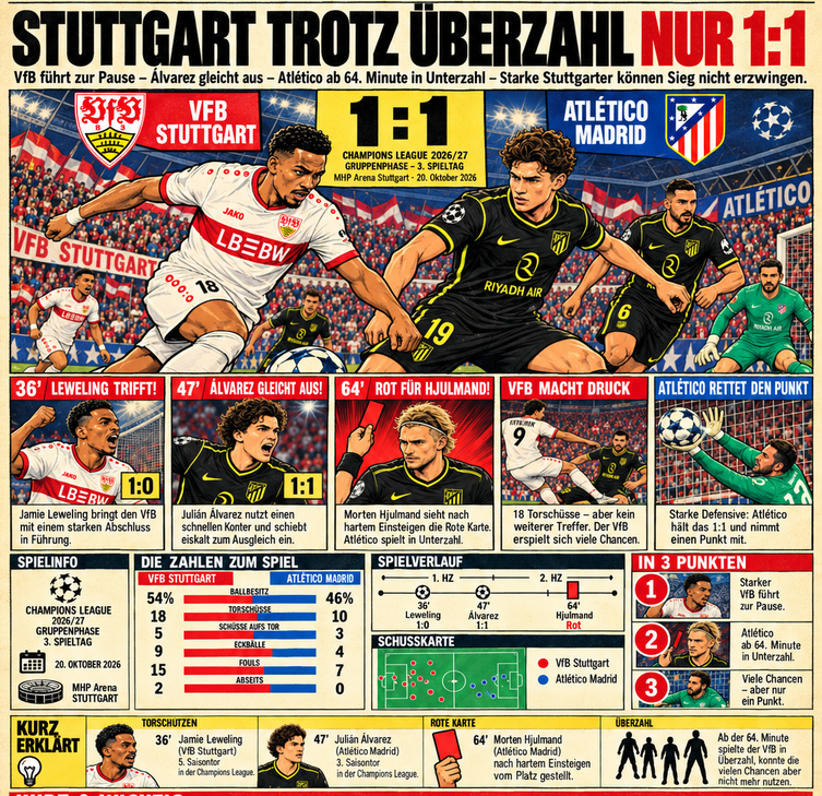 Illustration zum Champions-League-Spiel am 20. Oktober 2026: VfB Stuttgart 1:1 Atlético Madrid. Spieler tragen VfB Weiß-Rot und Atlético Schwarz-Gelb. Leweling 36., Álvarez 47., Rot Hjulmand 64. Künstlich illustrierte Spielszenen und Statistiken bedürfen gesonderter Prüfung.