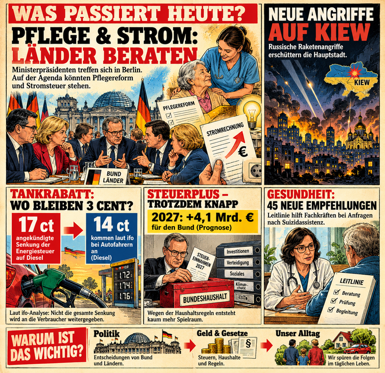 Vintage-Illustration: Heute beraten deutsche Ministerpräsidenten möglicherweise über Pflege- und Stromkosten; Raketenangriffe auf Kyiv, Diesel-Tankrabatt 17 zu rund 14 Cent, Steuerschätzung plus 4,1 Mrd. Euro 2027 und neue medizinische Leitlinie werden in Panels erklärt. Symbolische Zeichnungen, keine Fotos.