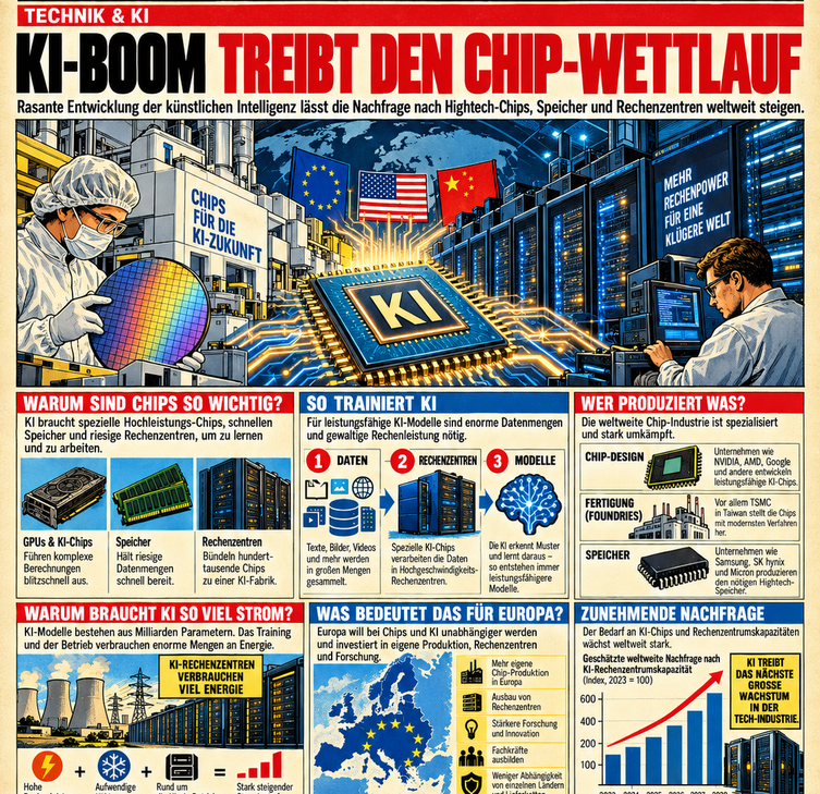 KI-Boom und Chip-Wettlauf im Vintage-Infografikstil: Halbleiterfertigung, Speicher, GPU-Beschleuniger, Rechenzentren; vereinfachte Lernphasen von KI; Arbeitsteilung von Design, Fertigung und Speicher; Strombedarf und Europas Investitionen. Das Balkendiagramm 2023 bis 2028 ist schematisch und KEINE gemessene Zeitreihe.