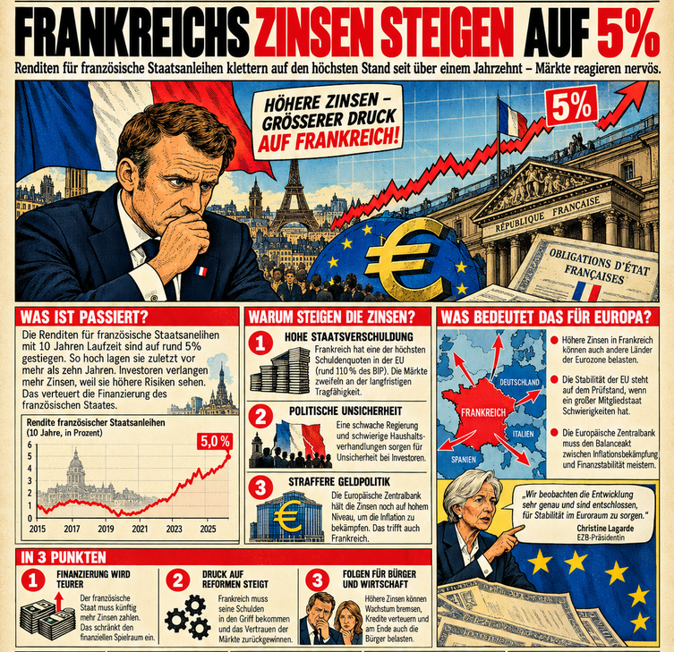 Vintage-Illustration zur Rendite französischer zehnjähriger Staatsanleihen von über fünf Prozent. Bild mit Euro, Frankreich, erklärenden Illustrationen und schematisch gezeichnetem Renditediagramm; keine exakte Messdatenkurve.