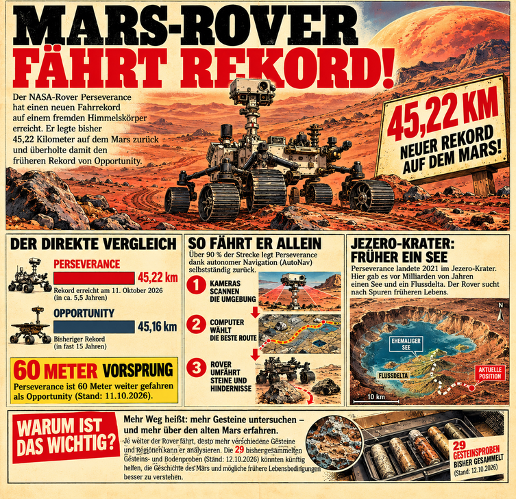 Illustrierte Mars-Reportage: NASA-Rover Perseverance erreicht am 11. Oktober 2026 genau 45,22 km und übertrifft Opportunity mit 45,16 km. Drei Bilder erklären, wie seine Kameras und die autonome Navigation eine sichere Route zwischen Hindernissen wählen. Eine schematische Karte zeigt den Jezero-Krater und frühe Wasserläufe; die Marslandschaft und Roverdarstellung sind keine Originalfotos.