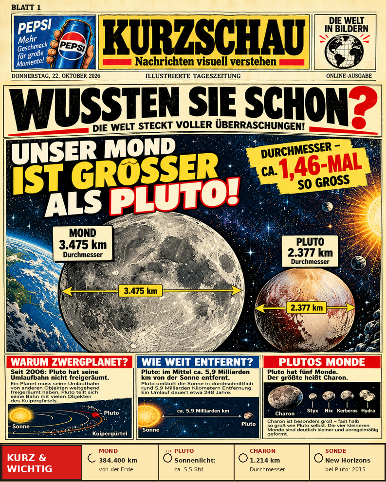 Illustrierte Vintage-Wissensseite mit dem originalen KURZSCHAU-Kopf. Der Mond mit etwa 3.475 km Durchmesser ist ungefähr 1,46-mal so groß wie der Zwergplanet Pluto mit etwa 2.377 km Durchmesser. Erklärbilder zeigen Plutos Umlaufbahn im Kuipergürtel, seine Entfernung von im Mittel rund 5,9 Milliarden km zur Sonne, seine fünf Monde mit Charon sowie vier zusätzliche thematisch passende Weltraumfakten. Größen im Comic sind schematisch, nicht maßstabsgetreu.