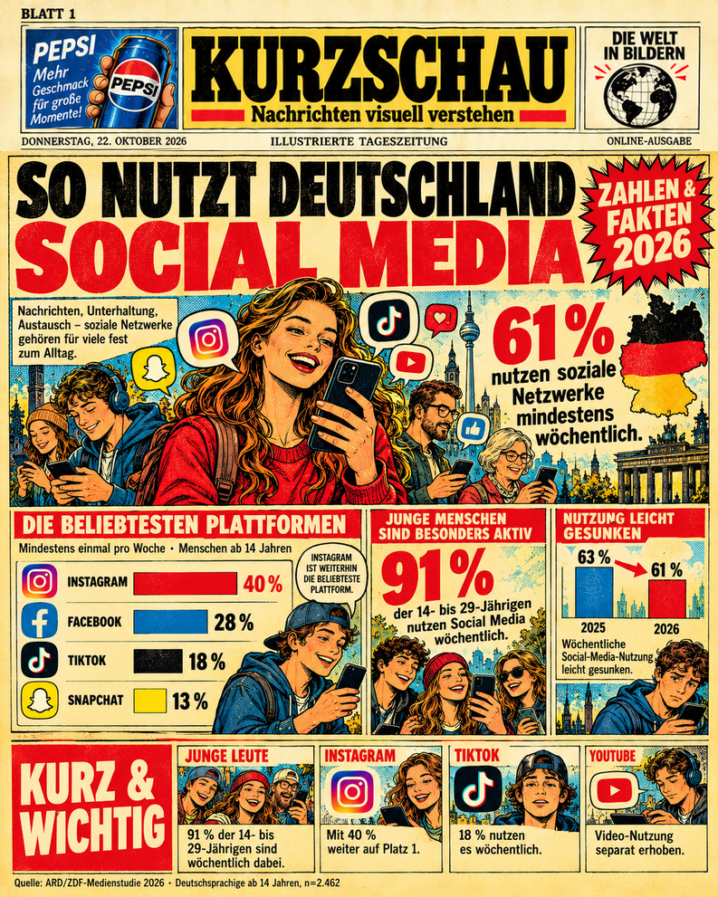 Original KURZSCHAU-Zeitungskopf, darunter Vintage-Comicgrafik zur Social-Media-Nutzung in Deutschland 2026. Laut ARD/ZDF nutzen 61 Prozent der deutschsprachigen Menschen ab 14 Jahren wöchentlich soziale Netzwerke, darunter Instagram 40 Prozent, Facebook 28 Prozent, TikTok 18 Prozent, Snapchat 13 Prozent. In der Altersgruppe 14 bis 29 Jahre: 91 Prozent. Quelle: ARD/ZDF-Medienstudie 2026, repräsentative Befragung, n=2462.