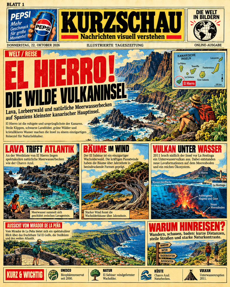 Vollständig illustrierte KURZSCHAU-Reisezeitung über El Hierro auf den Kanarischen Inseln. Große Vulkan- und Atlantiklandschaft mit Wanderer, Kanarenkarte und Haupttitel El Hierro – die wilde Vulkaninsel. Drei Comic-Infografiken zeigen natürliche Meerwasserbecken an Lavasteinen wie Charco Azul, die vom Wind verformten Wacholderbäume bei El Sabinar und die Unterwassereruption nahe La Restinga 2011. Unten eine Panoramazeichnung vom Aussichtspunkt Mirador de La Peña, eine Wanderillustration sowie kurze Fakten zum UNESCO-Biosphärenreservat, der Natur, der Küste und dem Vulkan.