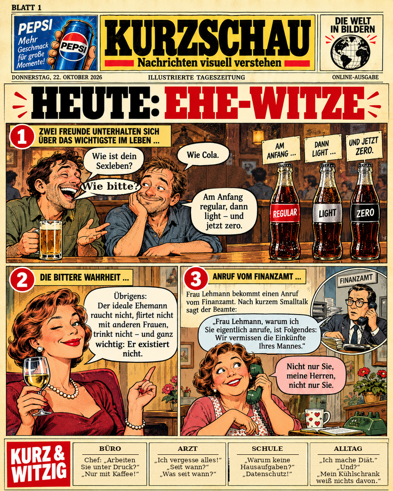 Vintage-Zeitungsseite mit dem originalen KURZSCHAU-Blatt-1-Kopf: Heute Ehe-Witze. Cartoon 1: Zwei Freunde sprechen über das Sexleben: Der linke Mann fragt „Wie ist dein Sexleben?“ und darunter „Wie bitte?“, der rechte Mann antwortet „Wie Cola.“ und erklärt Regular, Light und Zero. Cartoon 2: Der ideale Ehemann raucht nicht, flirtet nicht, trinkt nicht – und existiert nicht. Cartoon 3: Frau Lehmann erhält einen Anruf vom Finanzamt; sie und die Beamten vermissen die Einkünfte ihres Mannes. Unten Kurz und Witzig mit vier kurzen Textwitzen aus Büro, Arztpraxis, Schule und Alltag. Die Personen sind fiktionale Cartoonfiguren.
