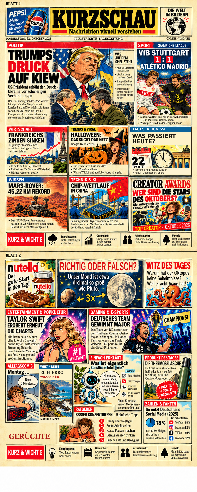 KURZSCHAU Design mit zwei übereinander angeordneten Zeitungsblättern